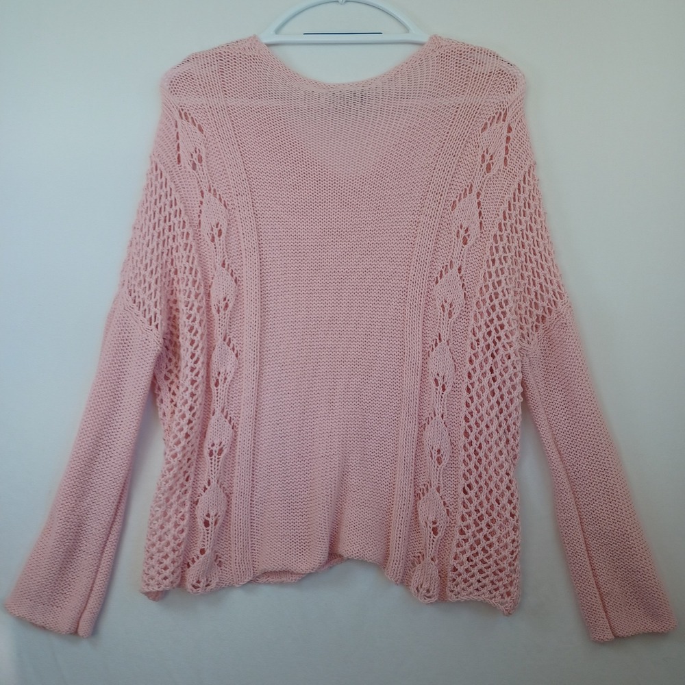 Wooden Ships Pink V Neck Crochet Knit Sweater M L Cotton Acrylic - Picture 7 of 8